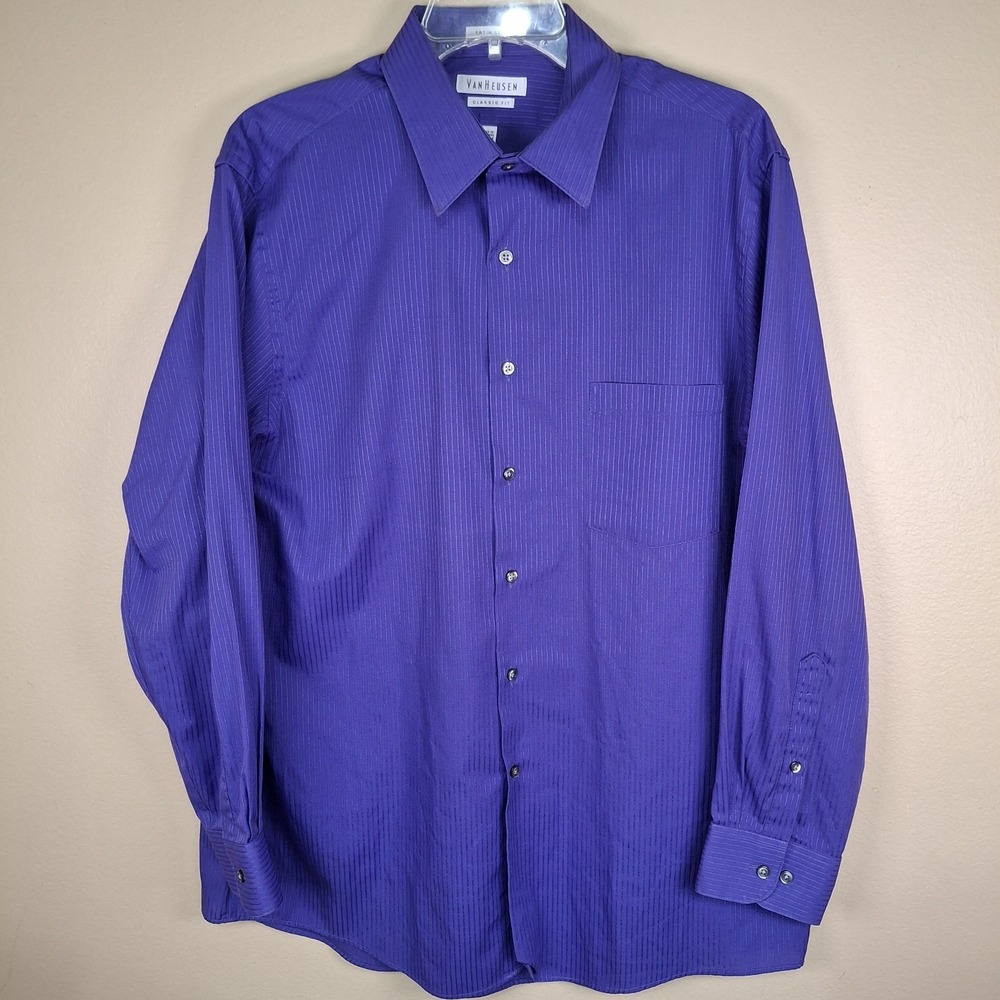 Van Heusen Men's Purple Satin Stripe Long Sleeve Button‎ Up Shirt 16.5 32/33